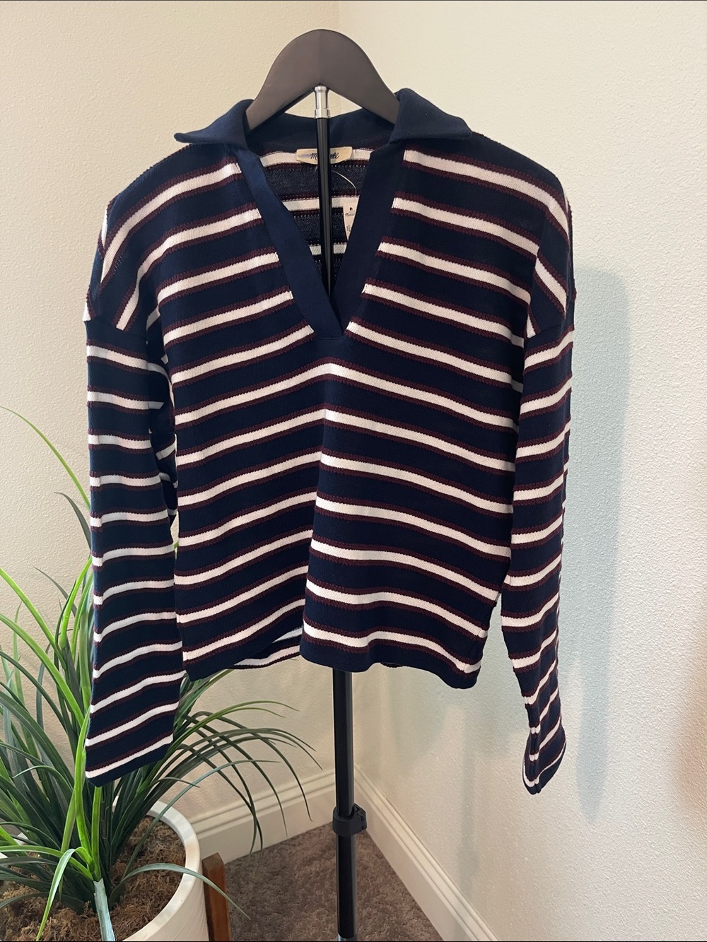 Madewell Navy, White & Burgundy Striped Polo-Style Long Sleeve Top - Picture 2 of 8